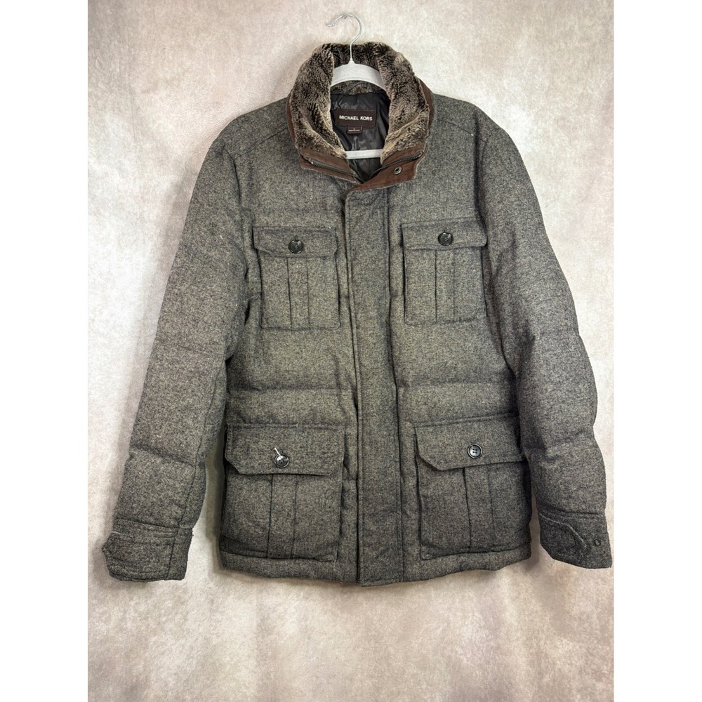 Michael Kors Puffer Jacket Men Medium Gray Wool Blend Down Fill Faux Fur Collar